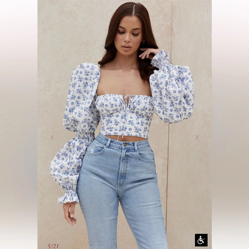 House of CB | EUC Blue Print Cropped Corset Top | Sz XS - Picture 9 of 12